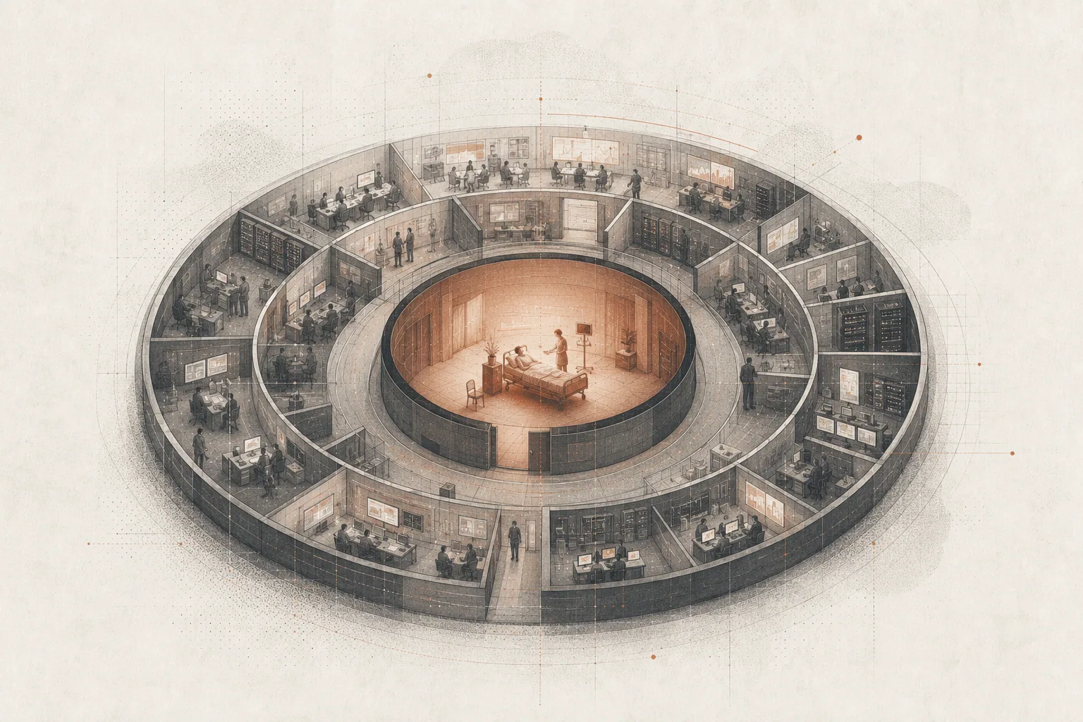 Isometric editorial engraving of a ring-shaped building with a crowded outer ring packed with people at computers and software tools, surrounding a sparse, glowing burnt-orange center where a single nurse tends to a patient in a hospital bed.