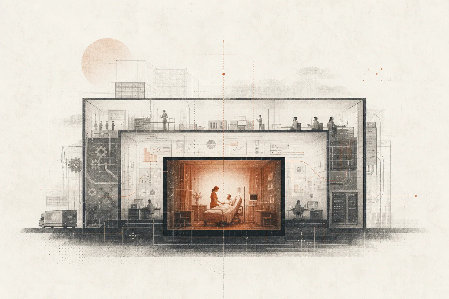 Editorial engraving of a hospital rendered as three progressively deeper layers: a muted outer shell of administrative work, a middle layer of clinical information and documentation, and a glowing burnt-orange core where a nurse tends to a patient at the bedside.