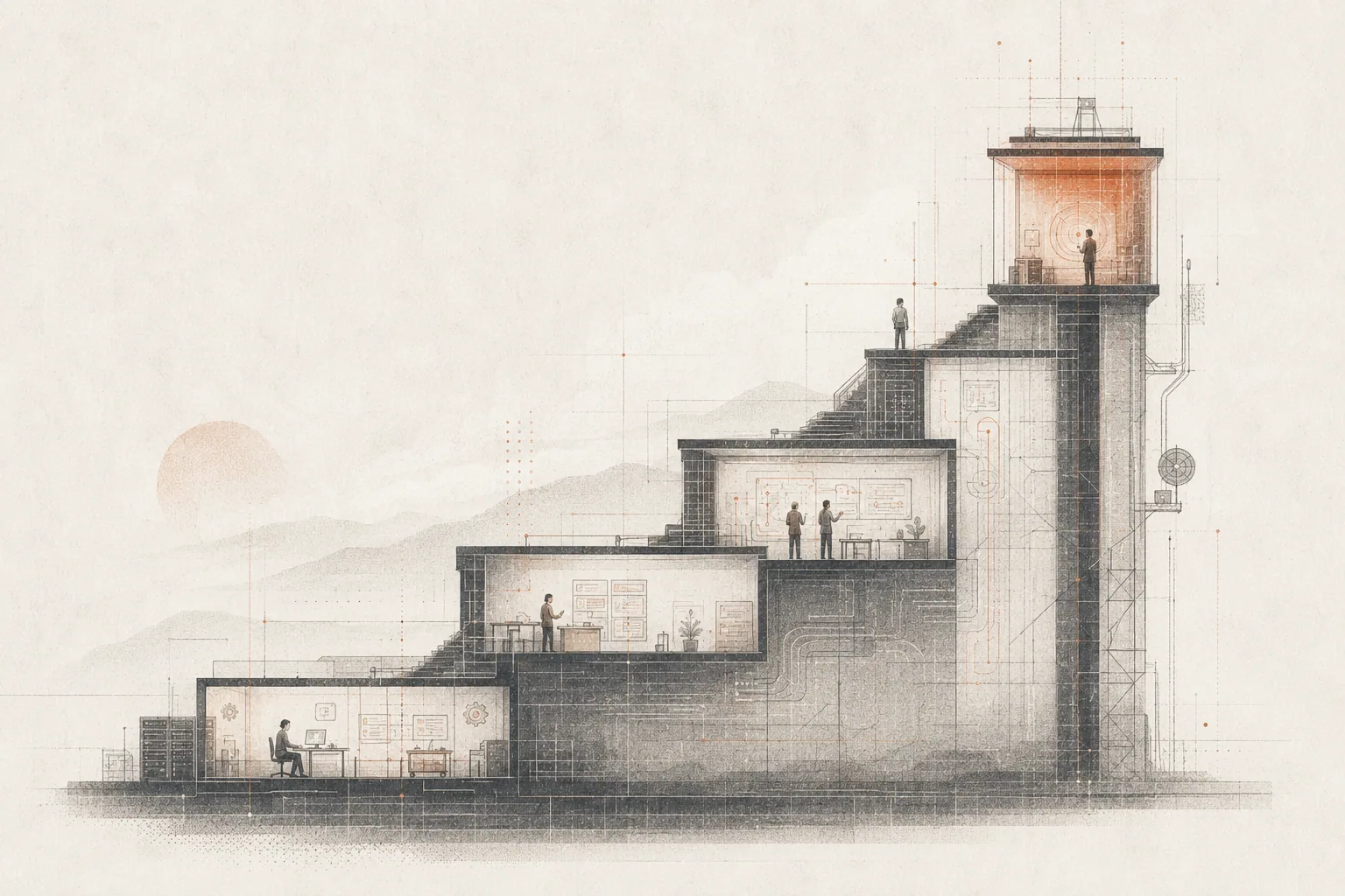 Editorial engraving of ascending architectural steps rising from a lone worker at a desk, up through collaborative workspaces, to a glowing burnt-orange lookout tower at the summit: a progression from safe, low-risk work to high-stakes clinical reasoning.